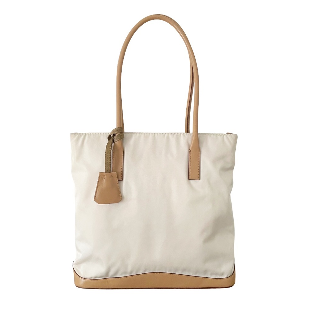 Prada white nylon tan leather Y2K shoulder tote bag vintage